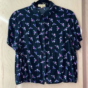 Crop Button Down Bee Print Shirt Short Sleeve Single Pocket Anthropologie